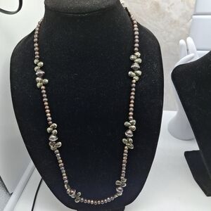 Sterling Silver & Pyrite & Genuine Pearl Beaded Necklace with Rhinestone Accents